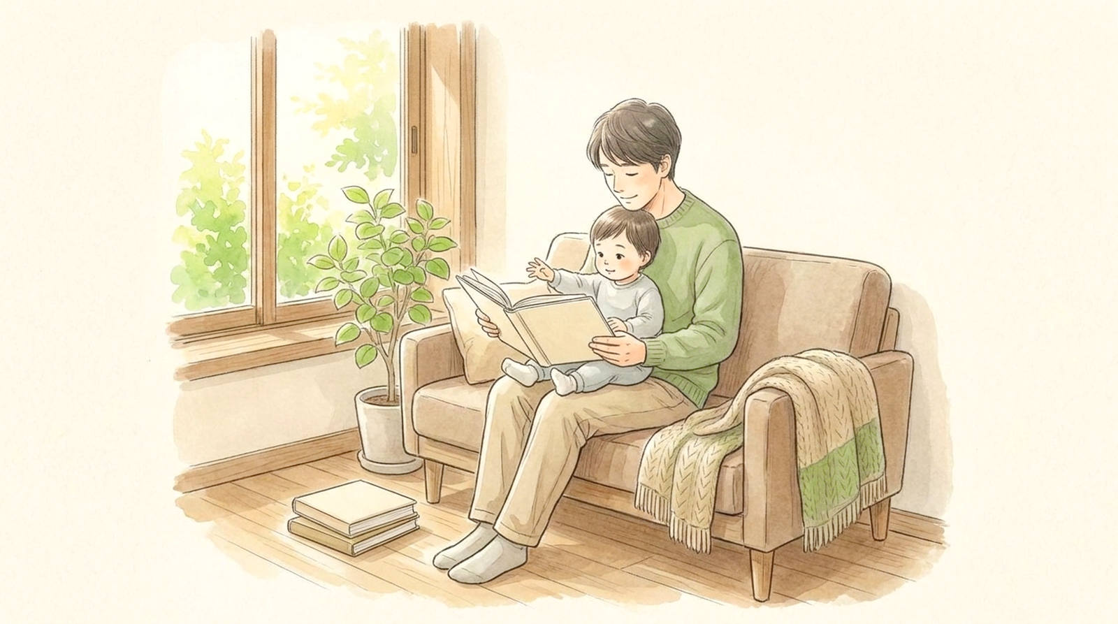 膝の上の子に絵本を読み聞かせる親