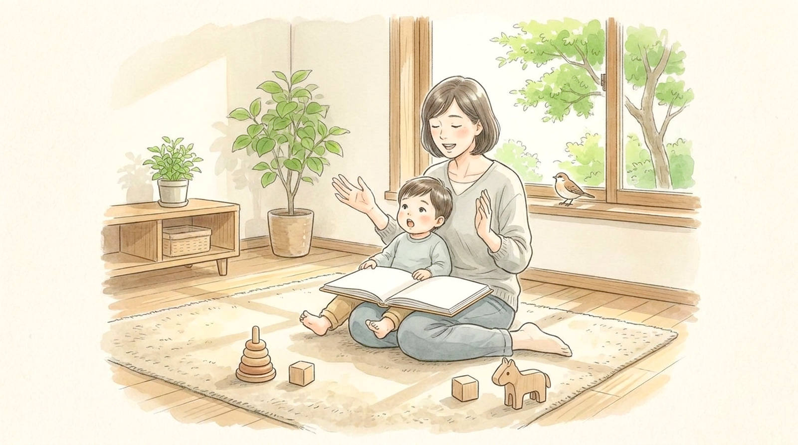 朝の居間で、母と子が絵本を開いていっしょに歌っている